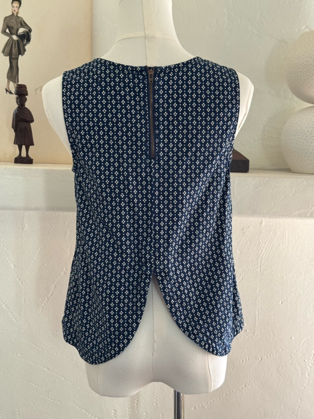 Madewell Navy Ivory Print Sleeveless Tank Tulip Back Split Neck Top S